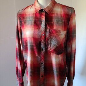 CALVIN KLEIN JEANS WOMENS RED PLAID CHECK LONG SLEEVE BUTTON DOWN SHIRT (LARGE)